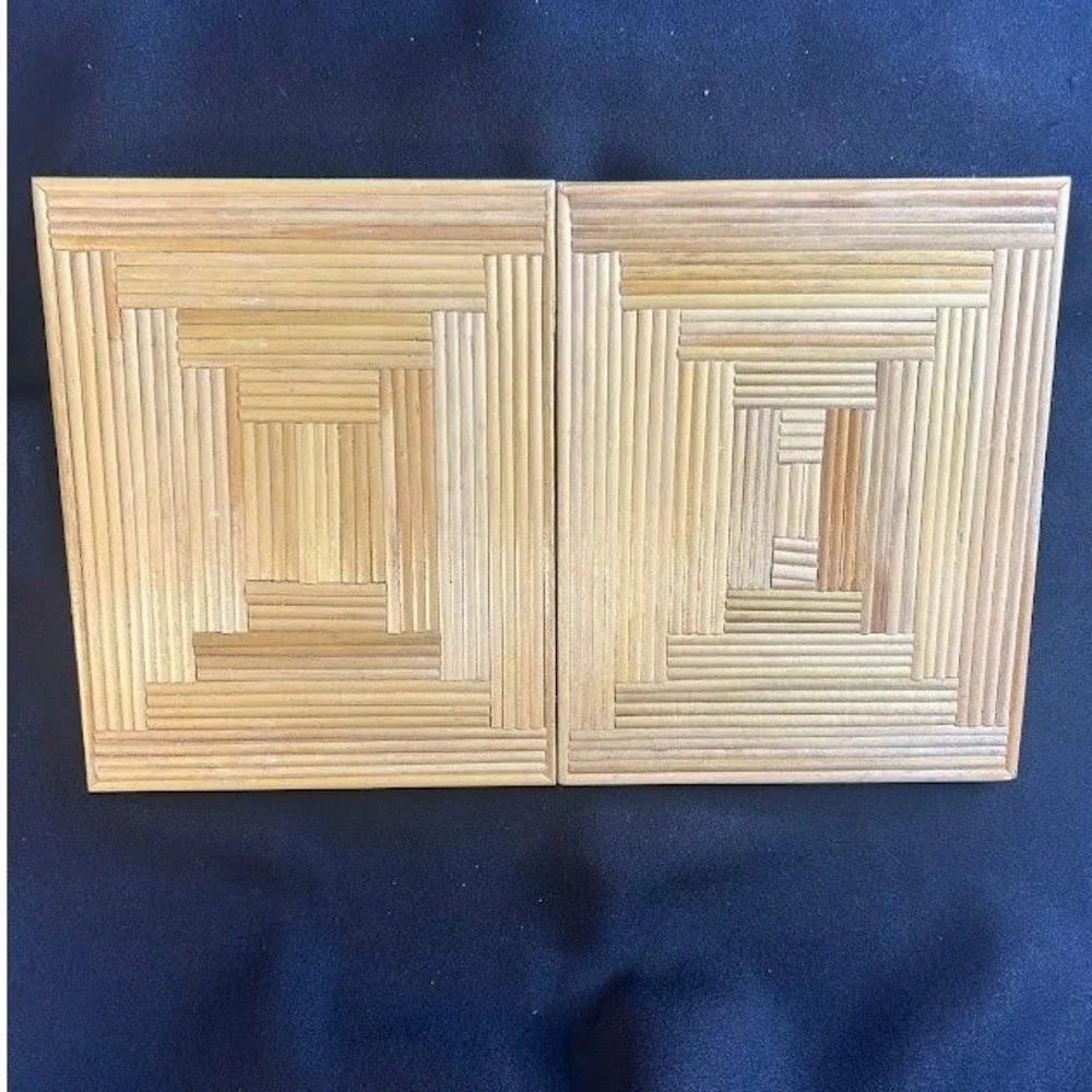 Vintage Marquetry Wood Folding Double Picture Frame Straw Art Geometric Brown